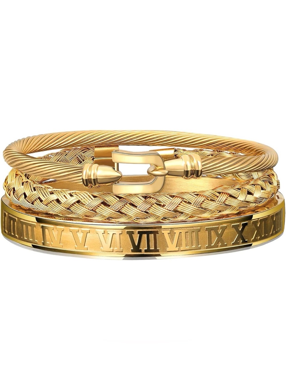 Tail Gold-Tone Roman Numeral & Braided Stack Bracelet Set for men